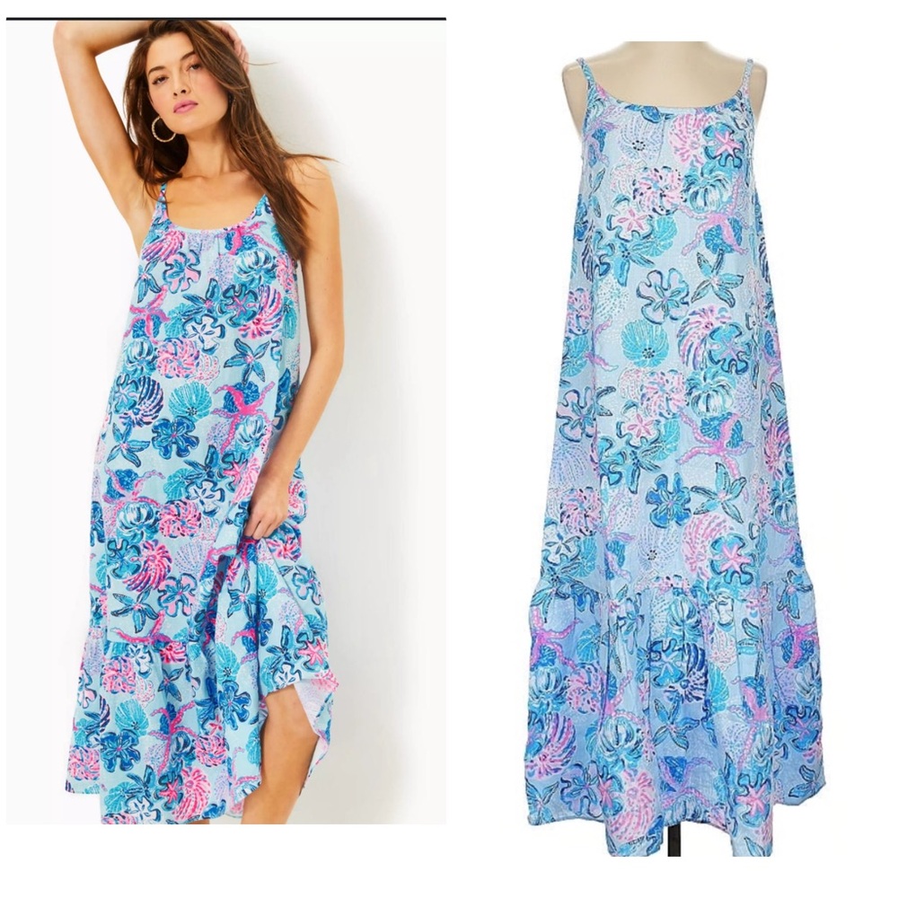 Lilly Pulitzer Blue and Pink Floral Midi Dress